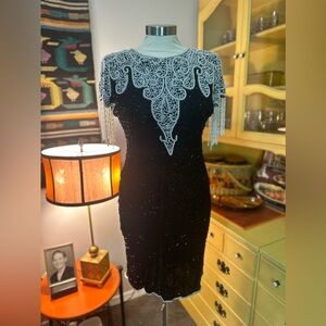 VTG 80s Black and White Classic Formal Fringe Beaded Mini Dress